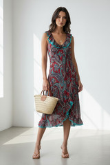 MAXAZRIA BCBG Dress 6 M Silk Paisley Print Ruffle Bias Fairy Y2K Whimsical Boho