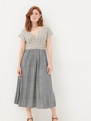 Fatface Rae Black Star Geo Midi Dress Womens 12 V Neck Boho A Line Sundress
