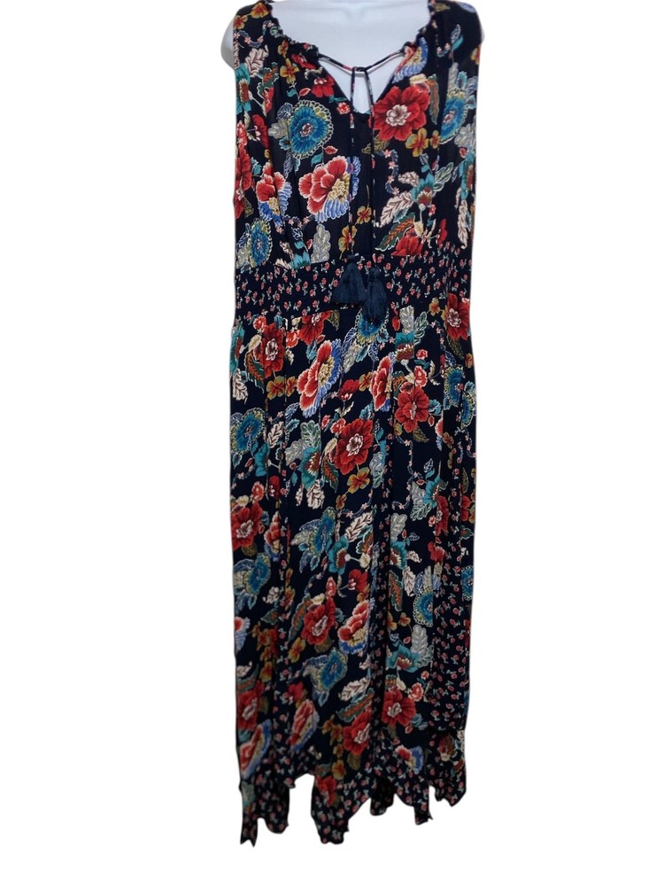 Bila Maxi Dress Womens 2XL Navy Floral Sleeveless Tasseled Handkerchief Hem Boho