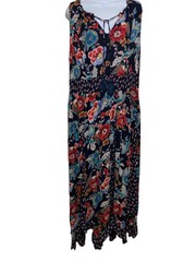 Bila Maxi Dress Womens 2XL Navy Floral Sleeveless Tasseled Handkerchief Hem Boho
