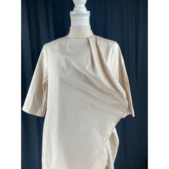 METAMORPHOZA Asymmetrical Drape High Neck Tunic Dress Beige Short Sleeve Pocket