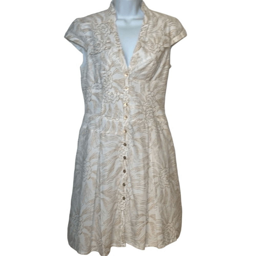 Kay Unger 100% Cotton Cap Sleeve Button Up White Gold Midi Fit and Flare Dress 8