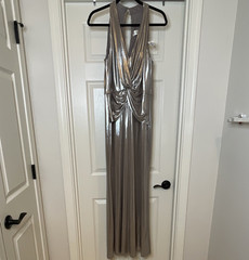 Eliza J Metallic Twist Front V-Neck Ruched Lined Sleeveless Long Gown Dress 14