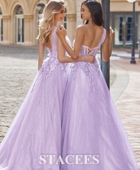 A-Line Princess Tulle One-Shoulder Sleeveless Sweep/Brush Train Dress Purple M