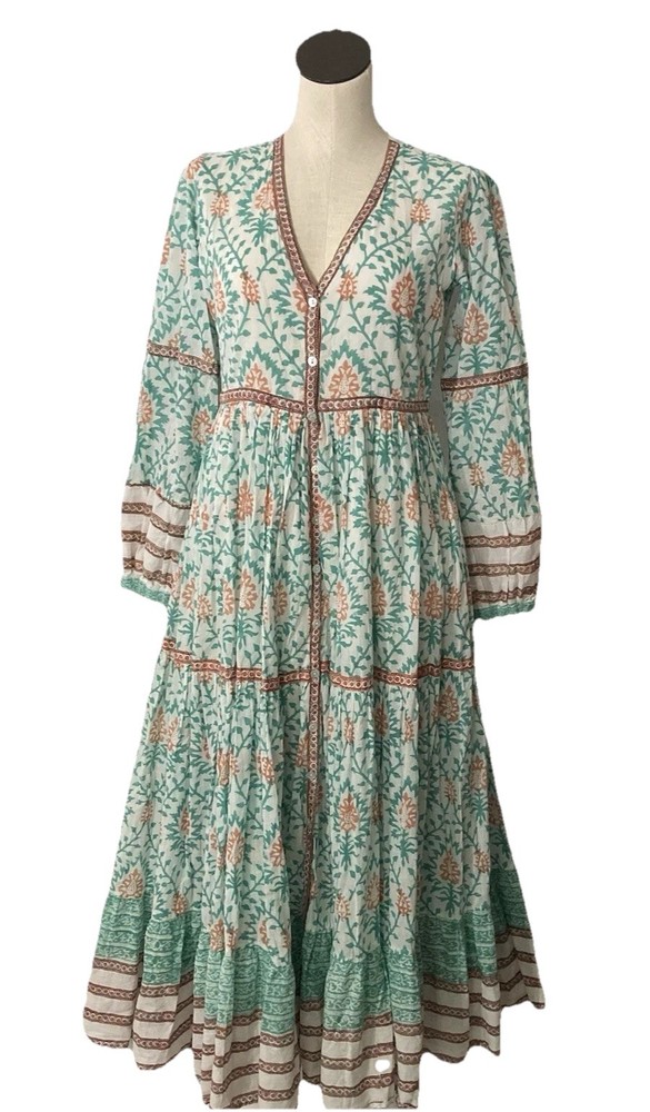 Dress Summer Cotton Boho Maxi Floral Gypsy Ruffle Vintage Ibiza Small Green Tan