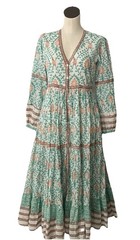 Dress Summer Cotton Boho Maxi Floral Gypsy Ruffle Vintage Ibiza Small Green Tan