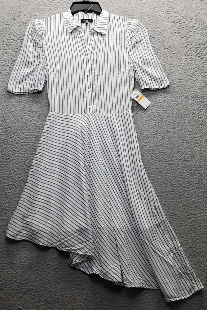 1.STATE Shirt Dress Womens S Multi Striped Puff Sleeve Asymmetrical Hem Side Zip