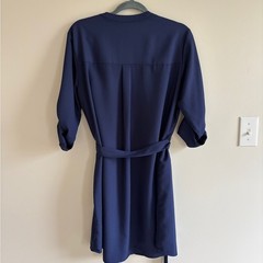 Express Navy Zip-Front Belted Long-Sleeve Shirt Dress with Roll Tabs