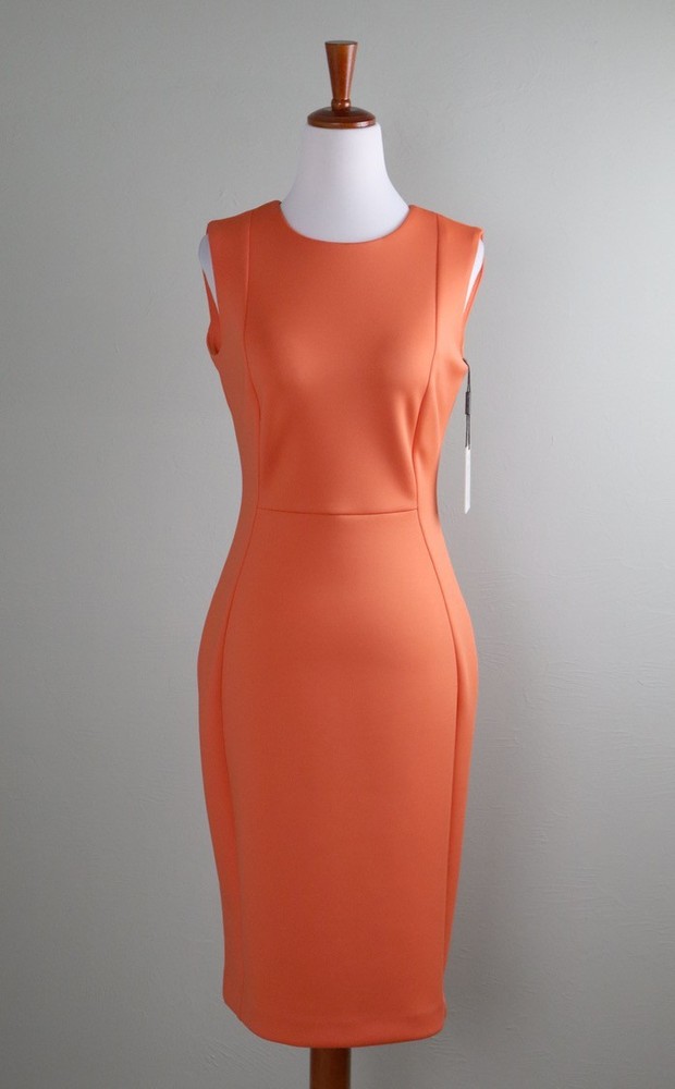 CALVIN KLEIN NWT $89 Solid Orange Scuba Neoprene Stretch Sheath Dress Size 4