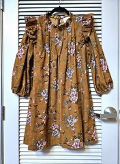 camel corduroy floral pintuck ruffle detail dress XL