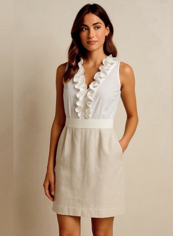 LOFT White Silver Colorblock Sheath Dress V-Neck Ruffle Pockets Lined Zip 14
