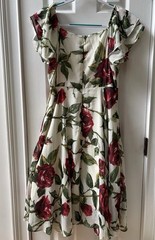 Betsey Johnson Floral Midi Tea Party Dress Womens 6 Ivory Red Rose Wedding Chic