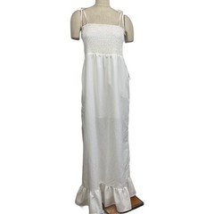 LUCCA womens Ivory Maxi Smoked Dress Size Large Rainbow stitching Sundress New