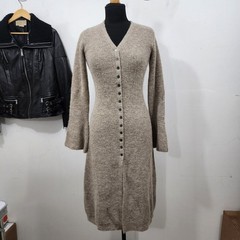 Commense Stacking V-Neck Split Breasted Knit Sweater Dress Beige Bell Sleeve SML