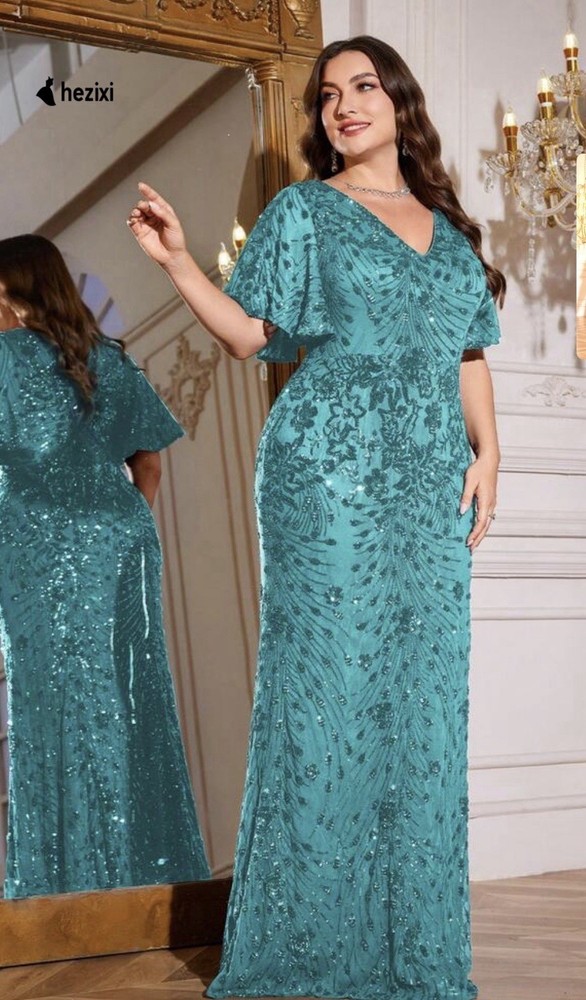 Hezixi Green Sequin V-Neck Flutter Sleeve Maxi Long Gown Dress