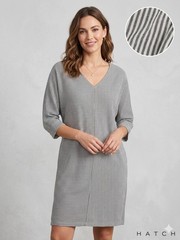 HATCH Black White Striped Linen V-Neck 3/4 Sleeve Shift Knee Dress S