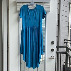 NEW Basic USA T-Shirt Neck High-Low Hem Aqua Midi Pockets Dress Large NWOT
