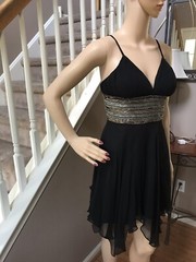 SCALA Black Sequin Beaded Spaghetti Strap Cocktail Party Dress Silk Ruffle Sz 4