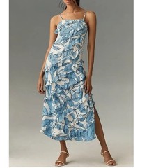 Walter Baker Viviana Paradise Palm Ruffled Midi Dress Blue White Size 2 Women’s