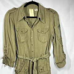 Da-Nang Surplus Military 100% Silk Dress Olive Green Logo Snap Shirt Studs