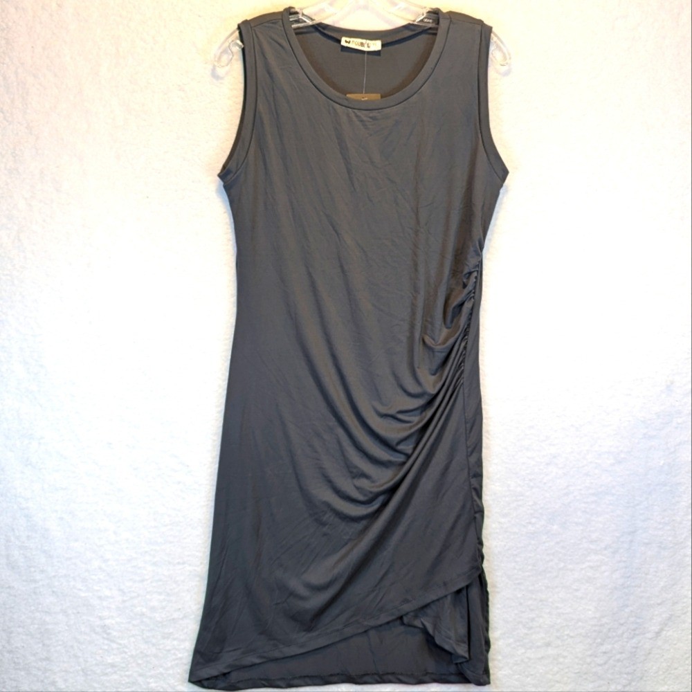 Doubleju Gray Sleeveless Stretchy Close-Fit Maternity Dress with Ruched Side