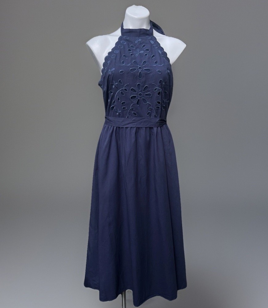Lulus Blue Halter Dress Backless Belted Zips Back Ties At Neck Embroidered Large