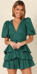 New Petal and Pup Womens Solace Dress Green puff Sleeve XL Tiered ruffles Party