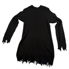 No Comment Black Waffle Knit Distressed Hooded Sweater Dress Large NEW