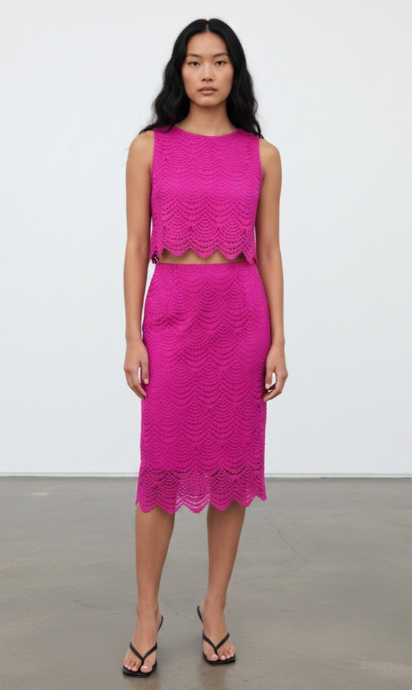 Lilly Pulitzer Pink Crochet Knit 2-PieceSet Size S Scalloped Crop Top Midi Skirt