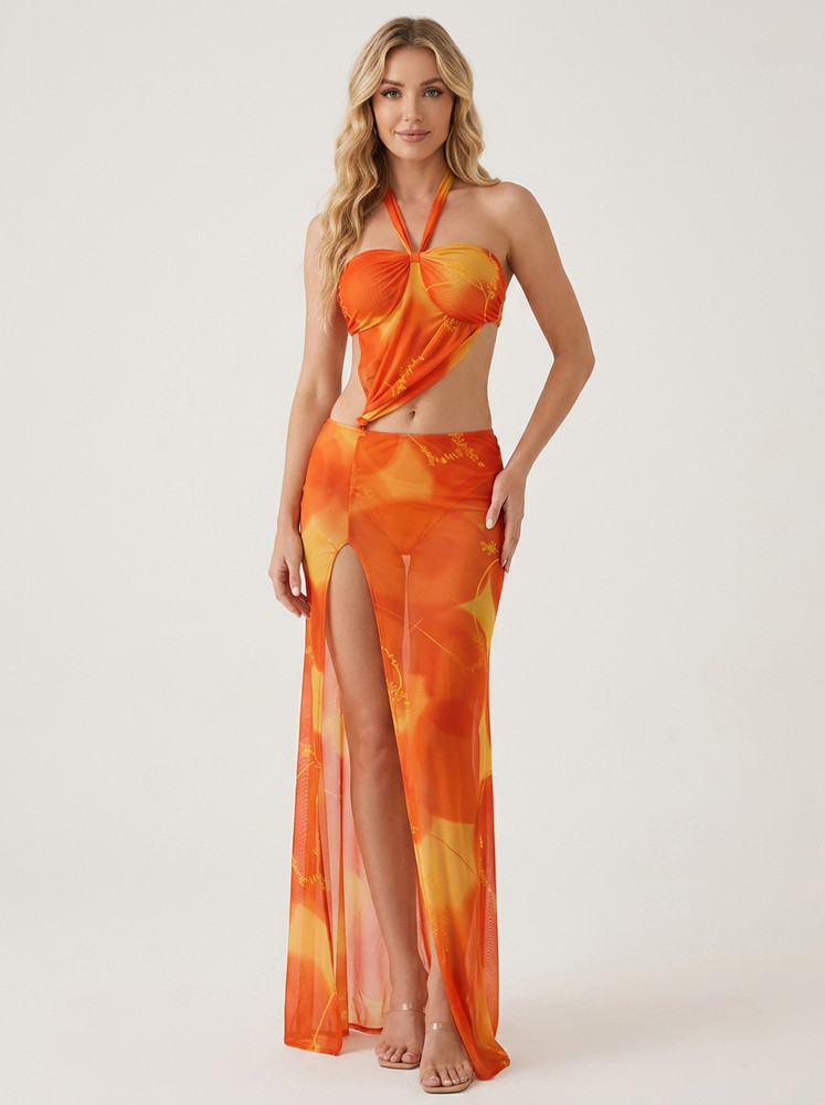 Sunset Floral Sheer Cut-Out Maxi Dress
