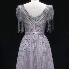 Luxury Beaded Evening Dress with Bubble Sleeves A-line Dubai Prom Lace Ball Gown