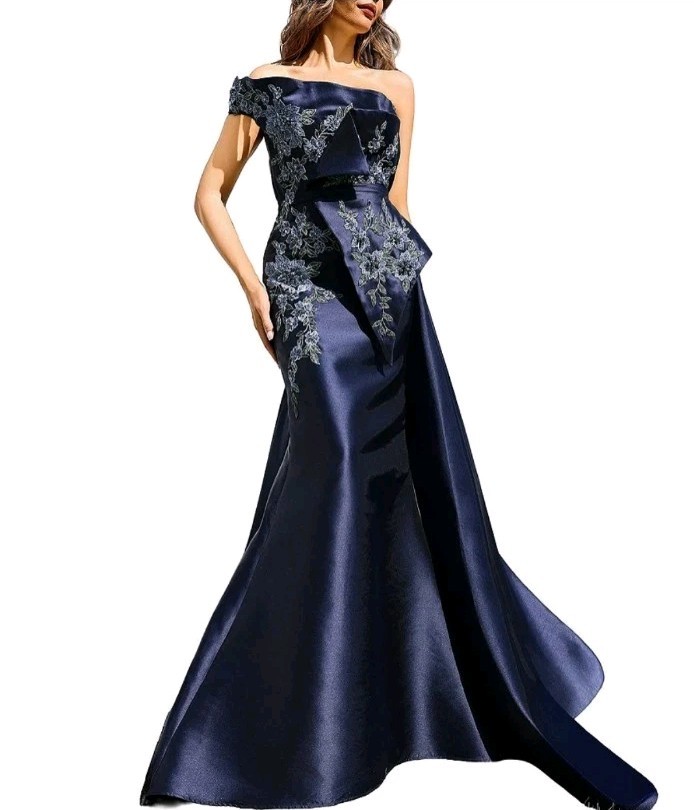 Terani Couture Mikado Navy Embellished Bodice One Off-The-Shoulder A-Line Gown