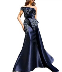 Terani Couture Mikado Navy Embellished Bodice One Off-The-Shoulder A-Line Gown