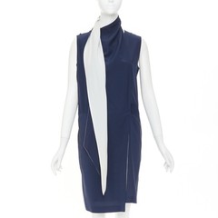 OLD CELINE 2010 Phoebe Philo navy ivory double layer silk scarf dress FR38 M