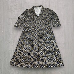 J. McLaughlin Catalina Geometric Dress Navy Blue Tan 3/4 Sleeve Size M
