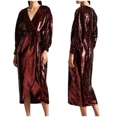 Ted Baker NWT Emaleee Plunge Neck Sequin Midi Wrap Dress Wine Size 6 Long Sleeve