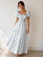 Altar&rsquo;d State Blue Floral 2 Piece Maxi Dress Set Puff Sleeve Crop Top Skirt XXS