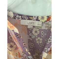 LOFT Petites Purple Patchwork Floral Long Sleeve Mini Dress SP Boho Split Neck