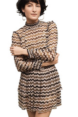 Anthropologie HD in Paris Mini Dress Smocked Ruffled Tier Chevron Sierade 6 NWT