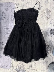 Francesca&rsquo;s Black Glitter Tulle A-Line Dress Bow Accent Spaghetti Strap Short