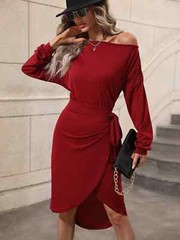 Sexy Red Fitted Long Sleeve Drop Shoulder Tie Side Wrap Asymmetrical Neck Dress