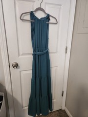 FOREVER 21 Teal Pleated Tie Back Sleeveless Long Maxi Dress S Regular Bohemian