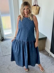 M&S Sleeveless Drop Waist A- Line Denim Blue Midi Dress Size 14 Reg.