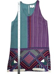 100% Silk Shift Mini Dress Medium Patchwork Geometric Tropical VNeck Sleeveless