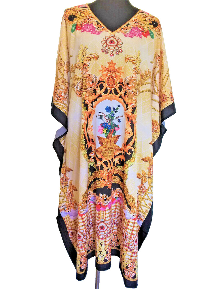 EMBELLISHED DIGITAL MULTI COLOURED ROCOCO PRINT V NECK CREPE KAFTAN/DRESS KC32