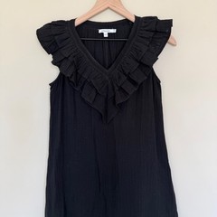 Chico&rsquo;s Sleeveless Gauzy Cotton Ruffle Edge Tiered Midi Dress 000 (XS) Black