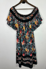 LOFT Floral Boho Off Shoulder Dress Medium Black Cottagecore Peasant Romantic