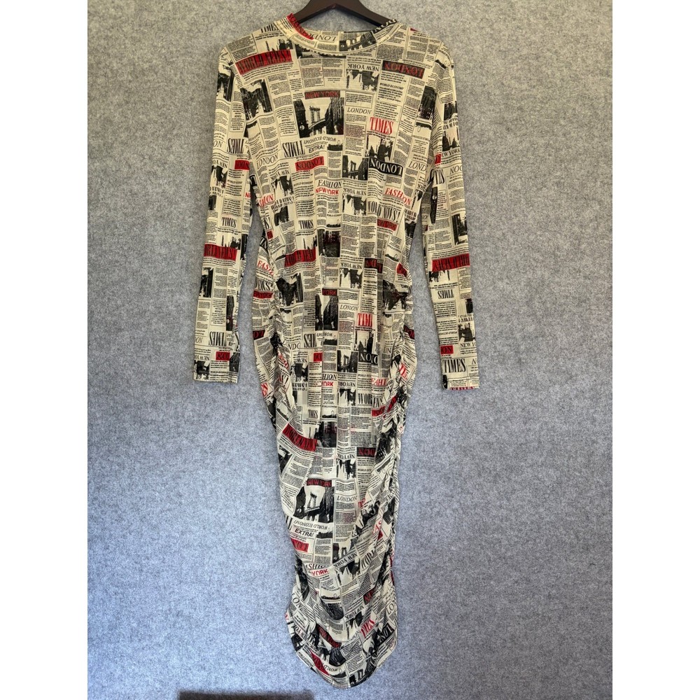 OBJEX Newspaper Print Mesh Ruched Long Sleeve Midi Bodycon Dress Black Red White