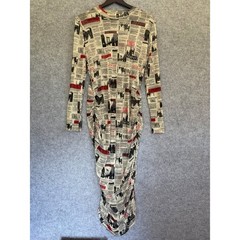 OBJEX Newspaper Print Mesh Ruched Long Sleeve Midi Bodycon Dress Black Red White
