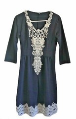 A Line Dress Womens Blue Ivory Floral Lace V Neck 3/4 Sleeves Elastic Waist M